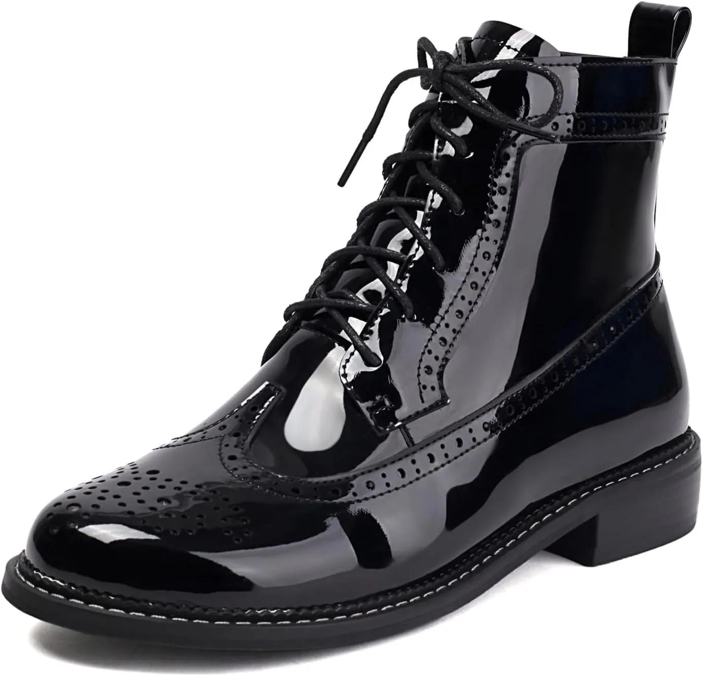 Women's Patent Leather Wingtip Brogue Combat Boots - Chunky Low Heel Lace-Up Oxford Boots Round Toe Hollow Out Design Comfortable Fashion Footwear (Black,5,5)
