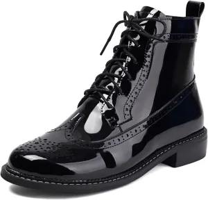 Women's Patent Leather Wingtip Brogue Combat Boots - Chunky Low Heel Lace-Up Oxford Boots Round Toe Hollow Out Design Comfortable Fashion Footwear (Black,5,5)