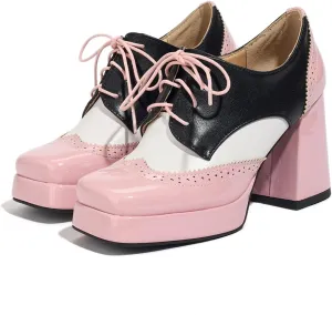 Women's Platform High Heel Pumps Fashion Chunky Square Toe Lace Up Oxford Shoes Mary Jane Dress Shoe