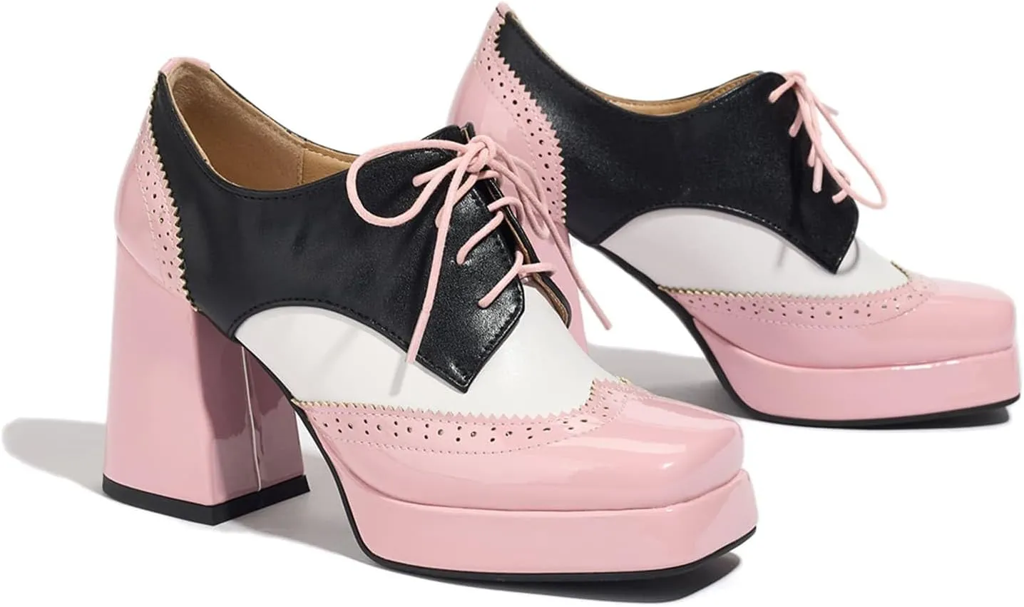 Women's Platform High Heel Pumps Fashion Chunky Square Toe Lace Up Oxford Shoes Mary Jane Dress Shoe