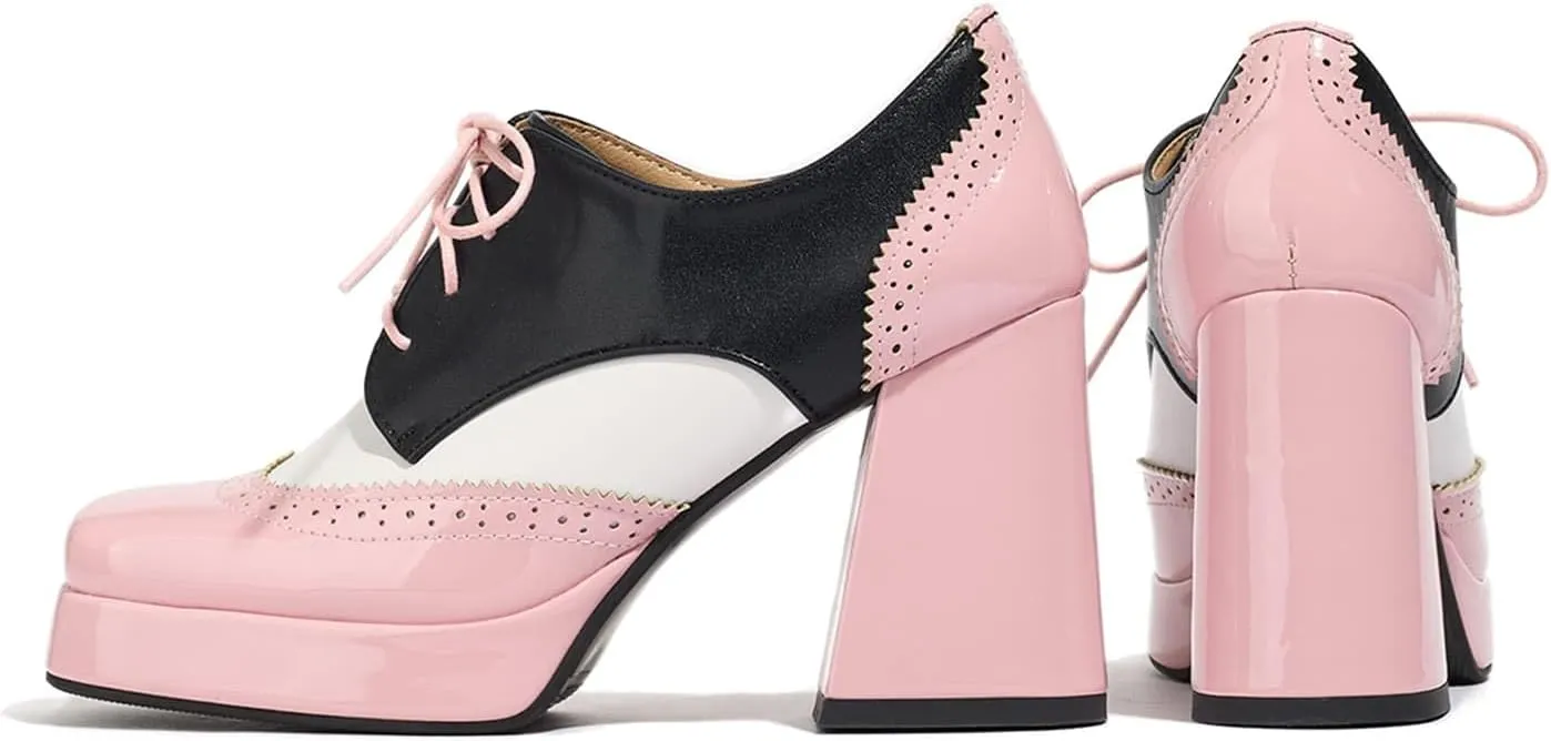 Women's Platform High Heel Pumps Fashion Chunky Square Toe Lace Up Oxford Shoes Mary Jane Dress Shoe