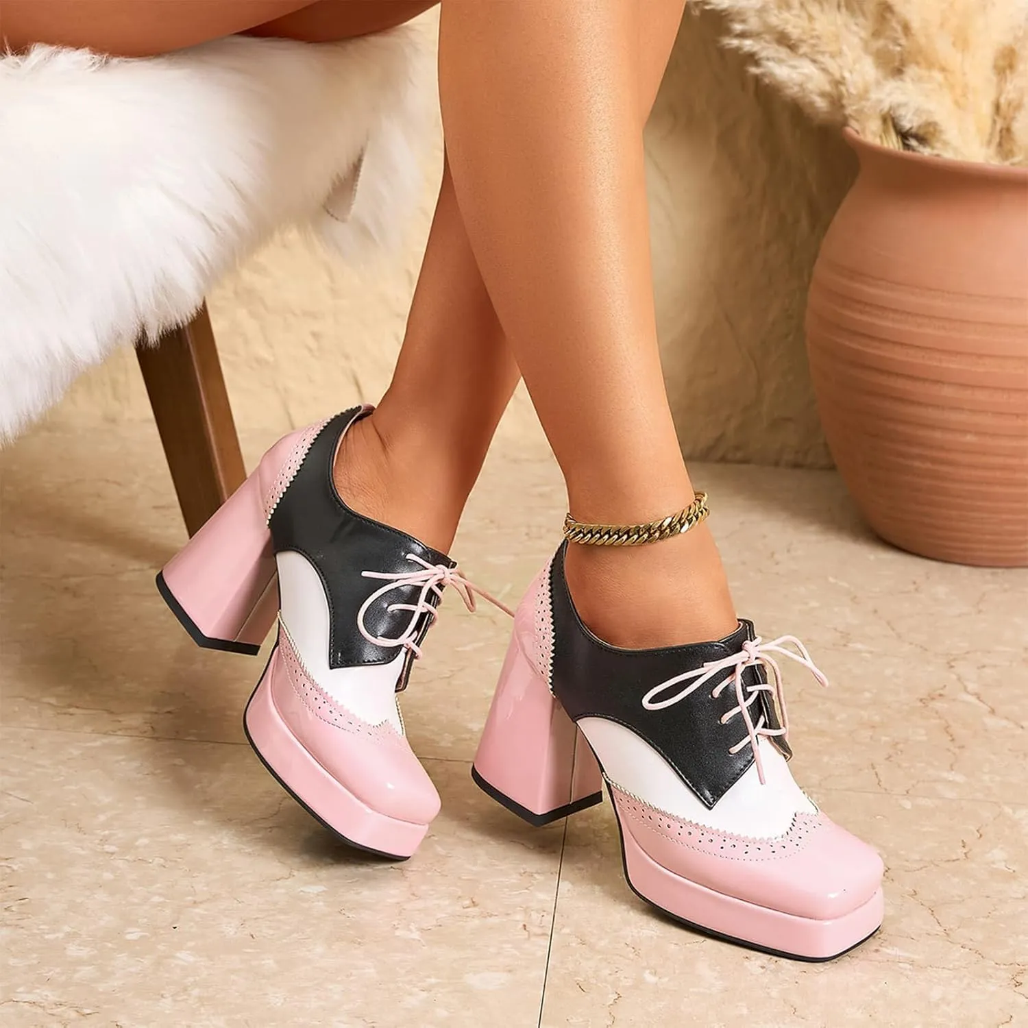 Women's Platform High Heel Pumps Fashion Chunky Square Toe Lace Up Oxford Shoes Mary Jane Dress Shoe
