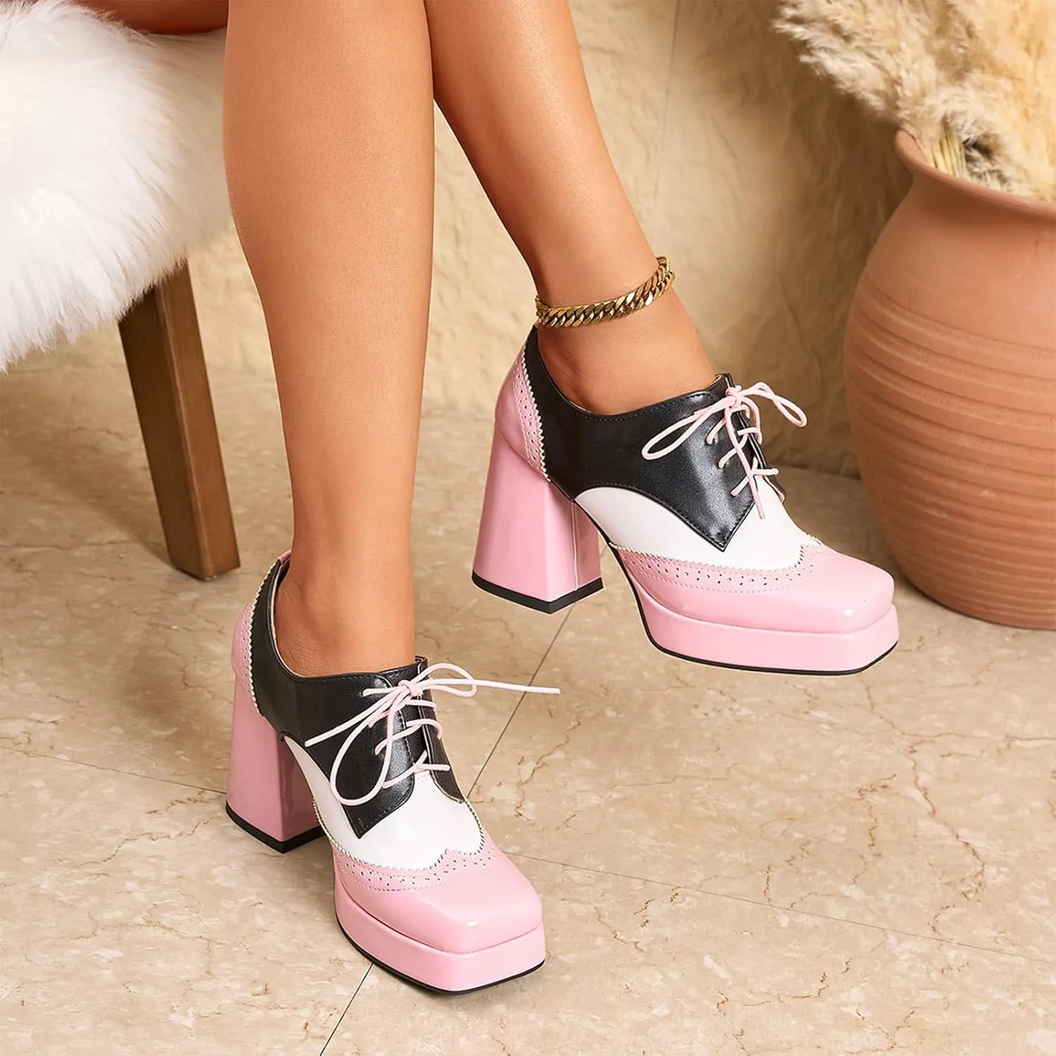 Women's Platform High Heel Pumps Fashion Chunky Square Toe Lace Up Oxford Shoes Mary Jane Dress Shoe