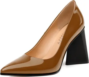 Women's Pumps, Pointed Toe Chunky Block Heel, Slip On Fashion Solid High Heel Shoes for Women
