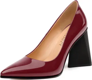 Women's Pumps, Pointed Toe Chunky Block Heel, Slip On Fashion Solid High Heel Shoes for Women