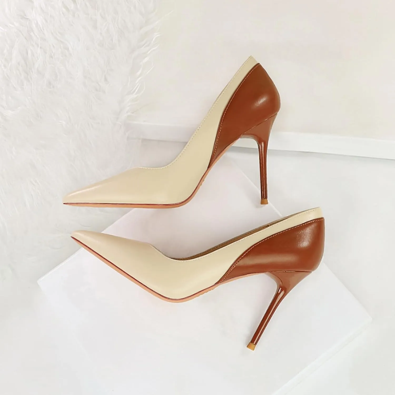 Women's Sexy Pointed Closed Toe Slip On Pumps Two Tone Splicing Stilettos High Heels for Women Office Wedding Party Prom Dress Pump Shoes 3.74"