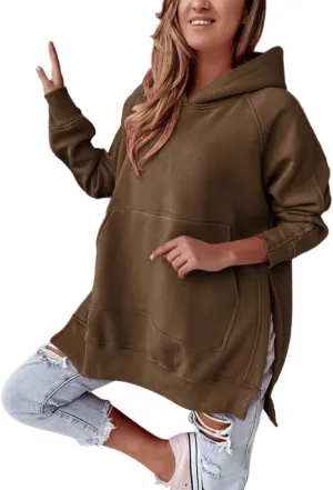Womens Side Split Oversized Hoodies Sweatshirt Casual Solid Loose Fit Raglan Sleeve Pullover Tops with Kangroo Pocket