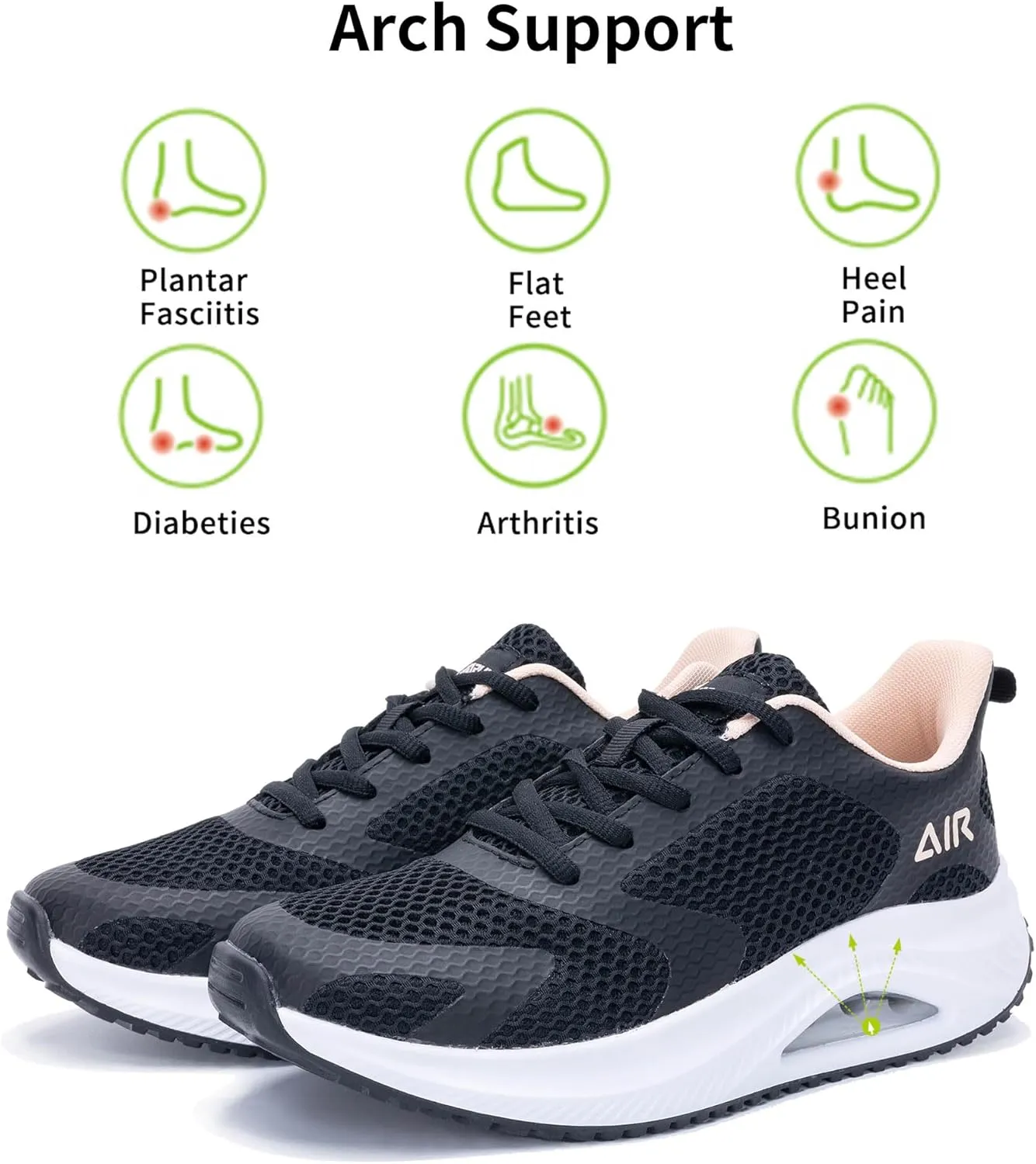 Women's Walking Shoes Air Cushion Comfortable Plantar Fasciitis Tennis Sneakers Non-Slip Breathable Orthotic Shoe for Foot Heel Pain Relief Size US 6-11