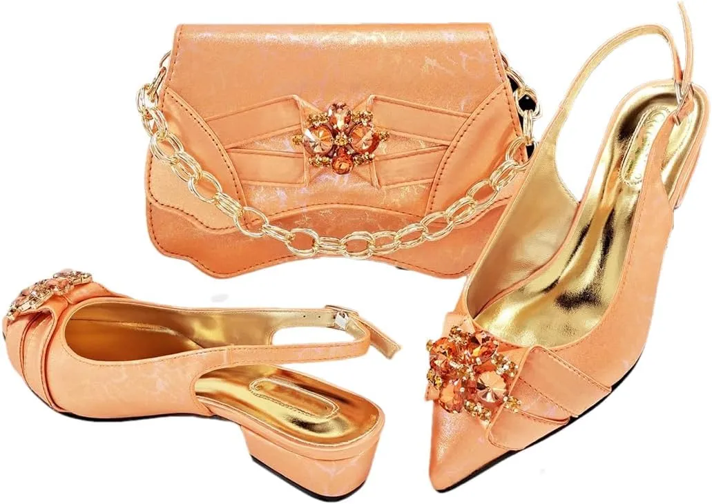 Women’S Wedding Sandals and Bag Matching Set with Square Heel and Rhinestone Detail
