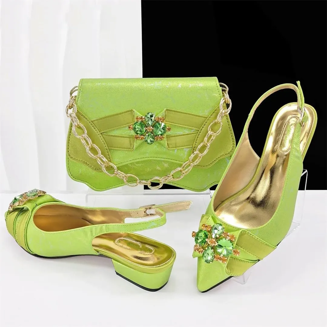 Women’S Wedding Sandals and Bag Matching Set with Square Heel and Rhinestone Detail