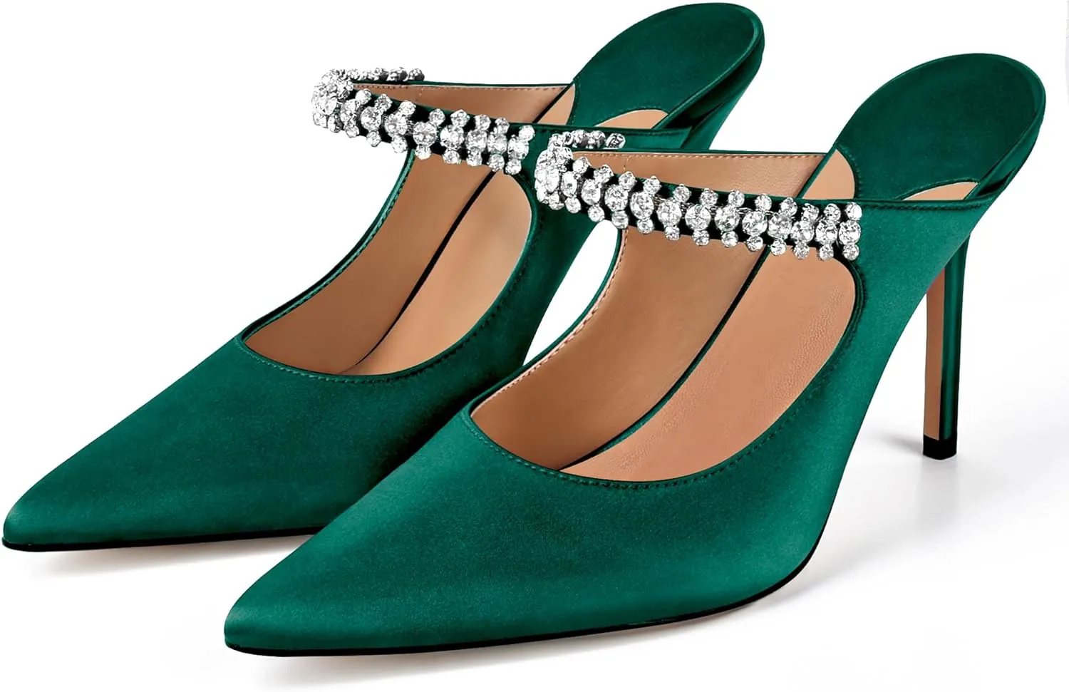 XINIUNIU Heeled Mules for Women Rhinestone Heels Pointed Toe Slip On 4 Inch Stiletto Closed Toe Sandals Dress Wedding Pump Shoes