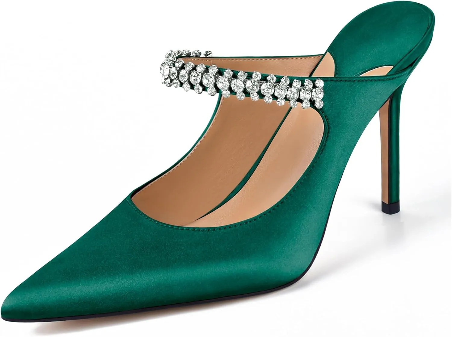 XINIUNIU Heeled Mules for Women Rhinestone Heels Pointed Toe Slip On 4 Inch Stiletto Closed Toe Sandals Dress Wedding Pump Shoes