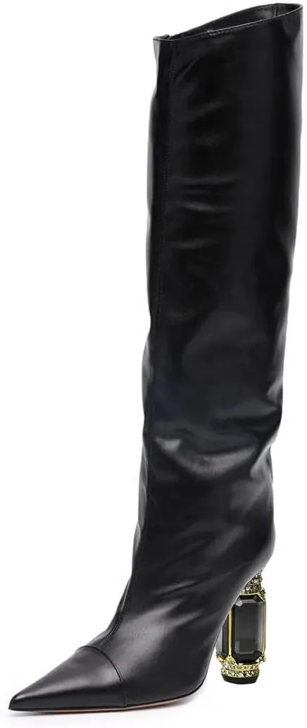 XYD Women Side Zip Knee High Boots Pointed Toe Cylindrical Crystal Block Heels Pumps Slouchy Dressy Party Shoes