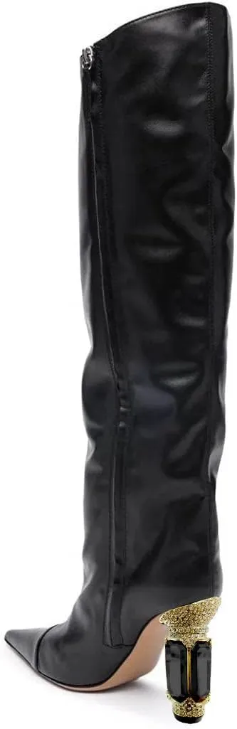 XYD Women Side Zip Knee High Boots Pointed Toe Cylindrical Crystal Block Heels Pumps Slouchy Dressy Party Shoes