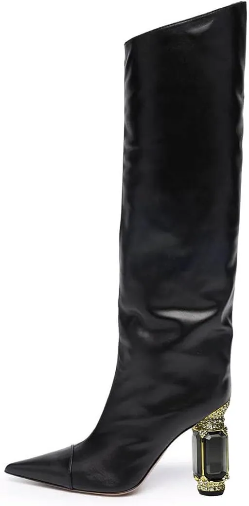 XYD Women Side Zip Knee High Boots Pointed Toe Cylindrical Crystal Block Heels Pumps Slouchy Dressy Party Shoes