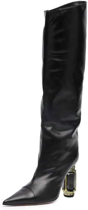 XYD Women Side Zip Knee High Boots Pointed Toe Cylindrical Crystal Block Heels Pumps Slouchy Dressy Party Shoes