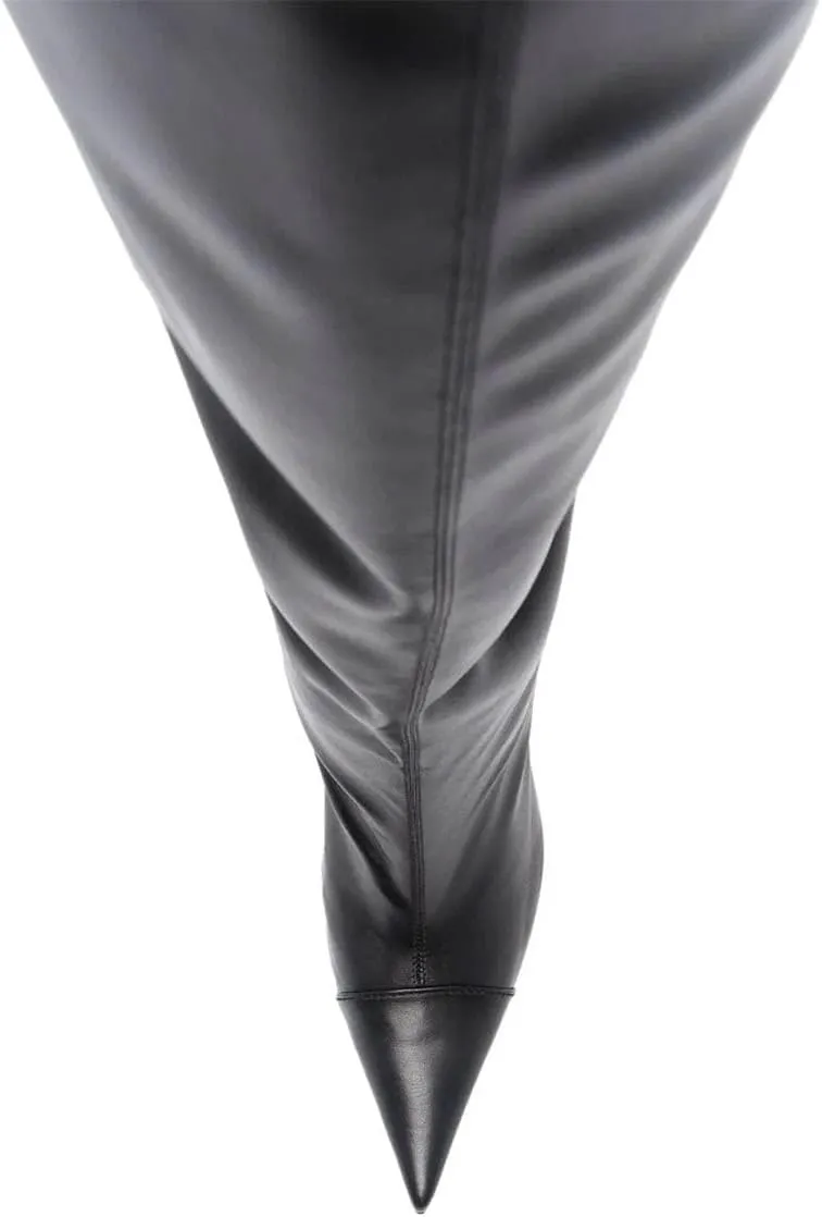 XYD Women Side Zip Knee High Boots Pointed Toe Cylindrical Crystal Block Heels Pumps Slouchy Dressy Party Shoes