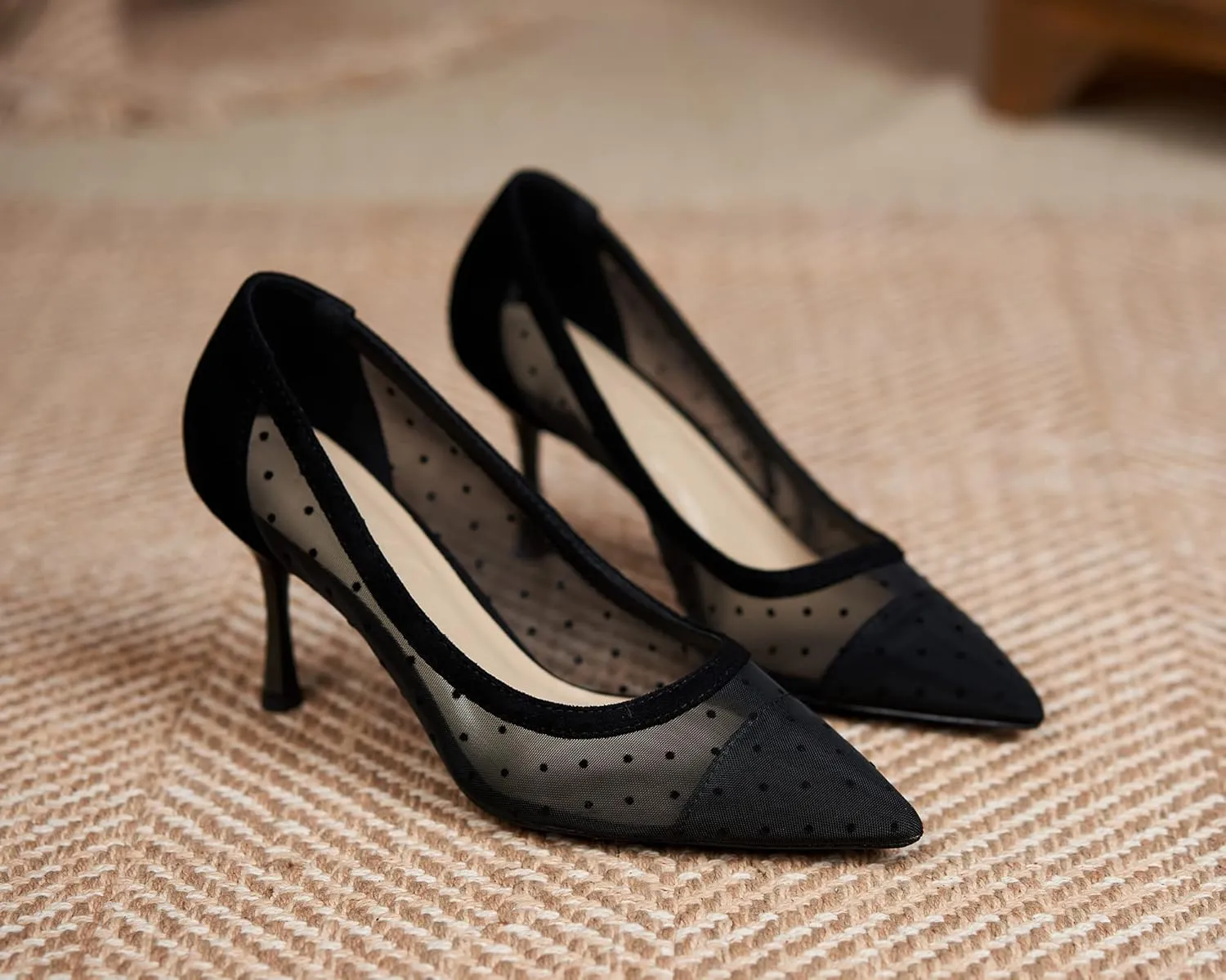 YooPrettyz Women See Through Mesh Sexy High Heels Formal Dressy Pump Shoes Pointed Toe Office Kitten Heels