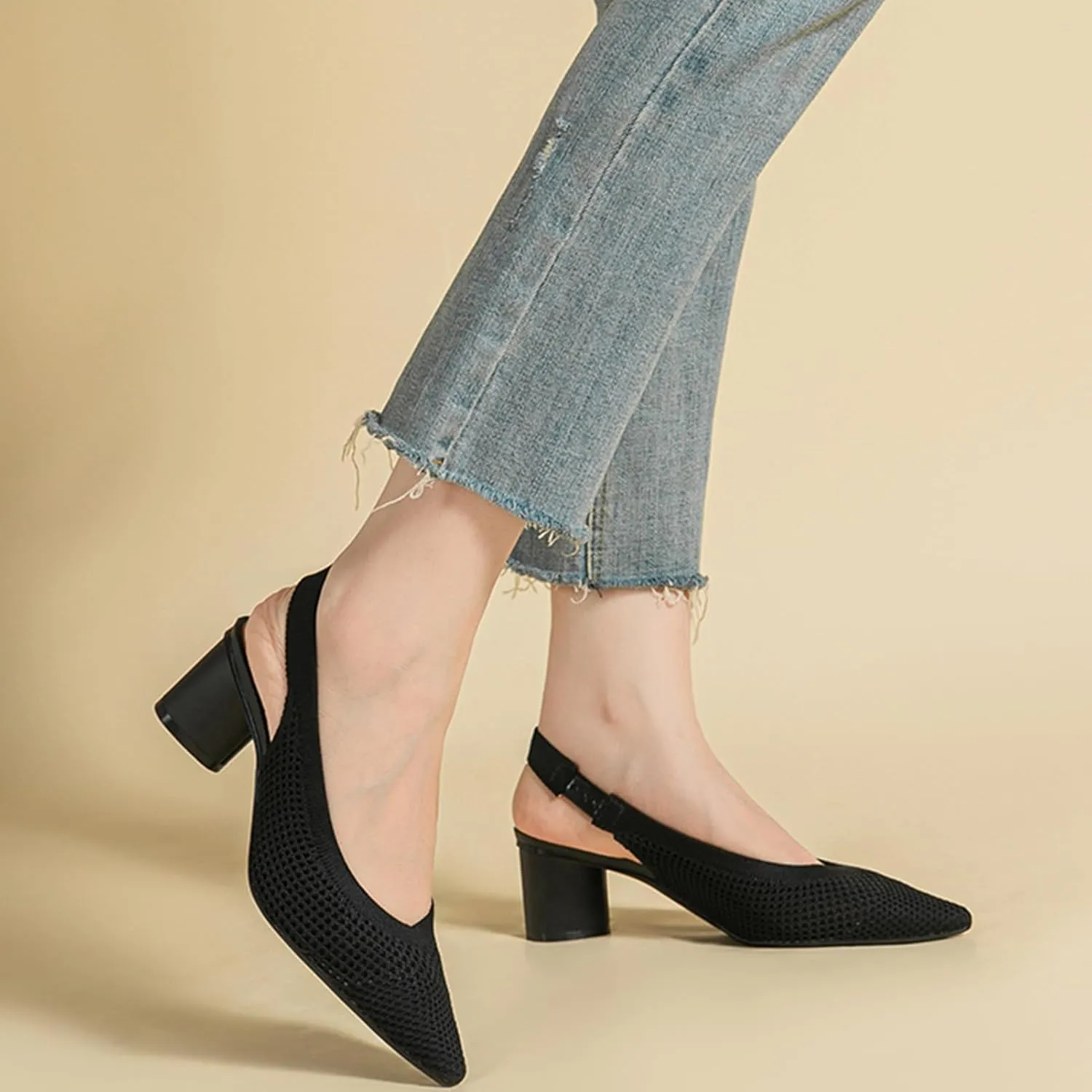 youngshow Pointed Toe Women Pumps, Comfort Slingback Heels with Arch Support, Cute Kitten Heels with Ankle Strap for Womens, Walking Office, Black