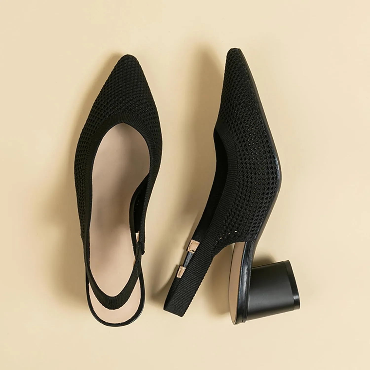 youngshow Pointed Toe Women Pumps, Comfort Slingback Heels with Arch Support, Cute Kitten Heels with Ankle Strap for Womens, Walking Office, Black