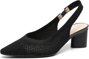 youngshow Pointed Toe Women Pumps, Comfort Slingback Heels with Arch Support, Cute Kitten Heels with Ankle Strap for Womens, Walking Office, Black