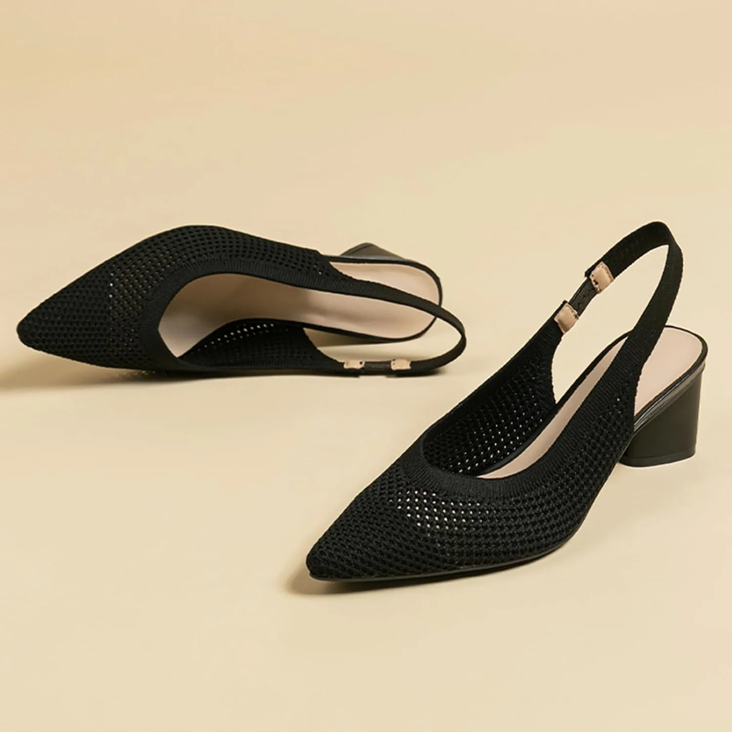 youngshow Pointed Toe Women Pumps, Comfort Slingback Heels with Arch Support, Cute Kitten Heels with Ankle Strap for Womens, Walking Office, Black