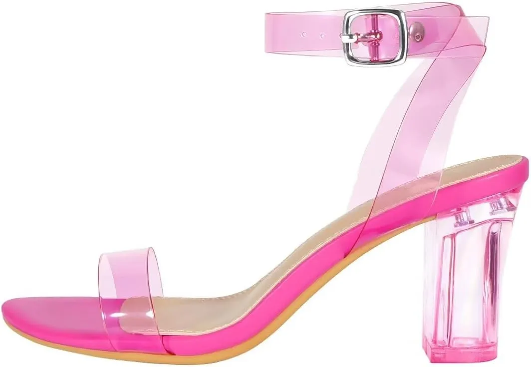 ZriEy Women's Clear Heels Chunky Block Mid High Heeled Sandals Open Toe Transparent Ankle Strap Dress Pump Shoes for Women in Daily Wear Party Wedding