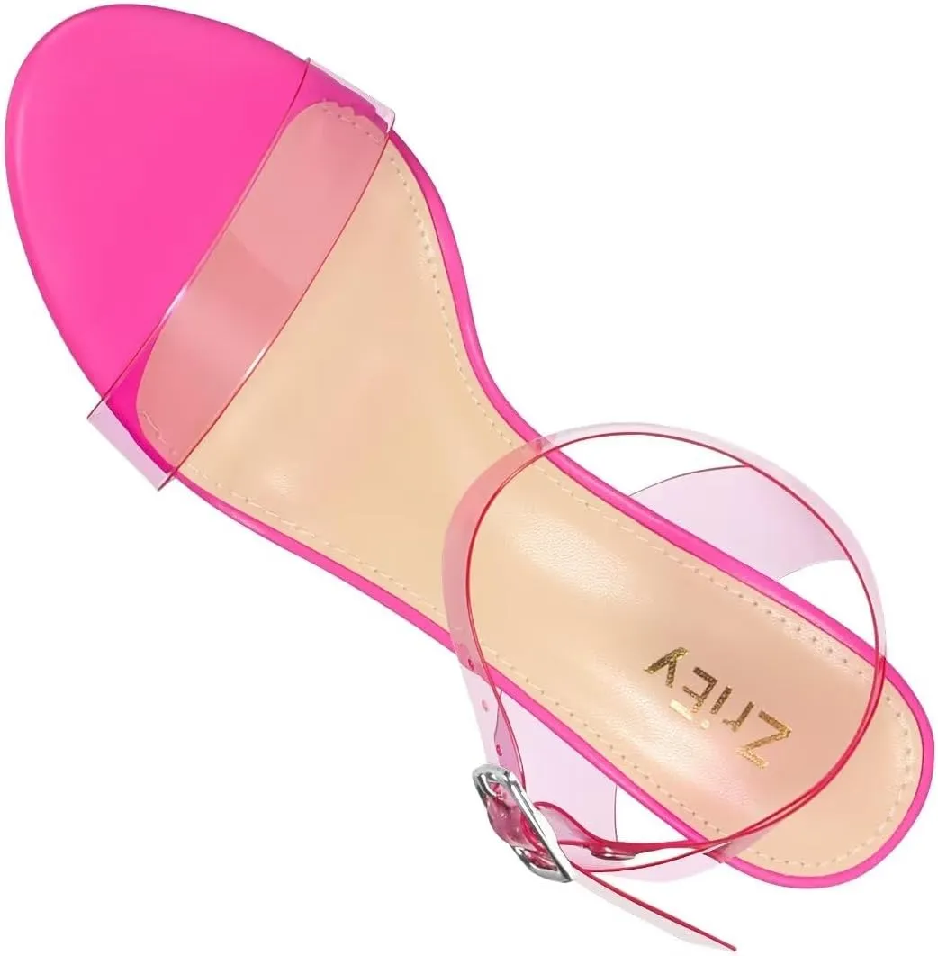 ZriEy Women's Clear Heels Chunky Block Mid High Heeled Sandals Open Toe Transparent Ankle Strap Dress Pump Shoes for Women in Daily Wear Party Wedding
