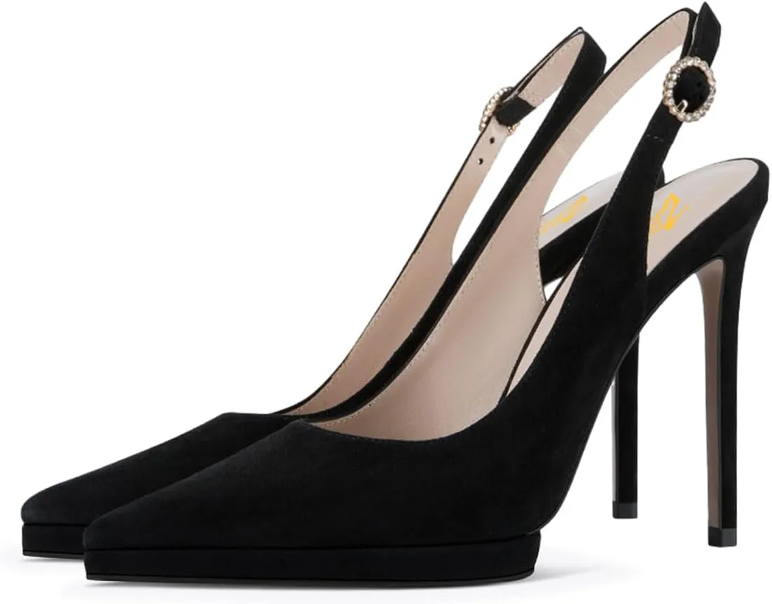 Zszszsu Women's Sexy Pointed Toe Slingback High Heels Elegant Stiletto Platform Pumps Rhinestone Buckled Strap Dress Formal Party Office Shoes Size 4-16 US