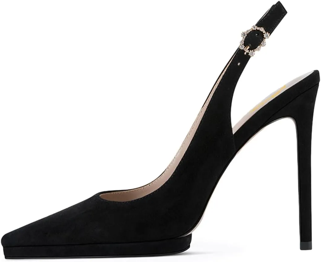 Zszszsu Women's Sexy Pointed Toe Slingback High Heels Elegant Stiletto Platform Pumps Rhinestone Buckled Strap Dress Formal Party Office Shoes Size 4-16 US