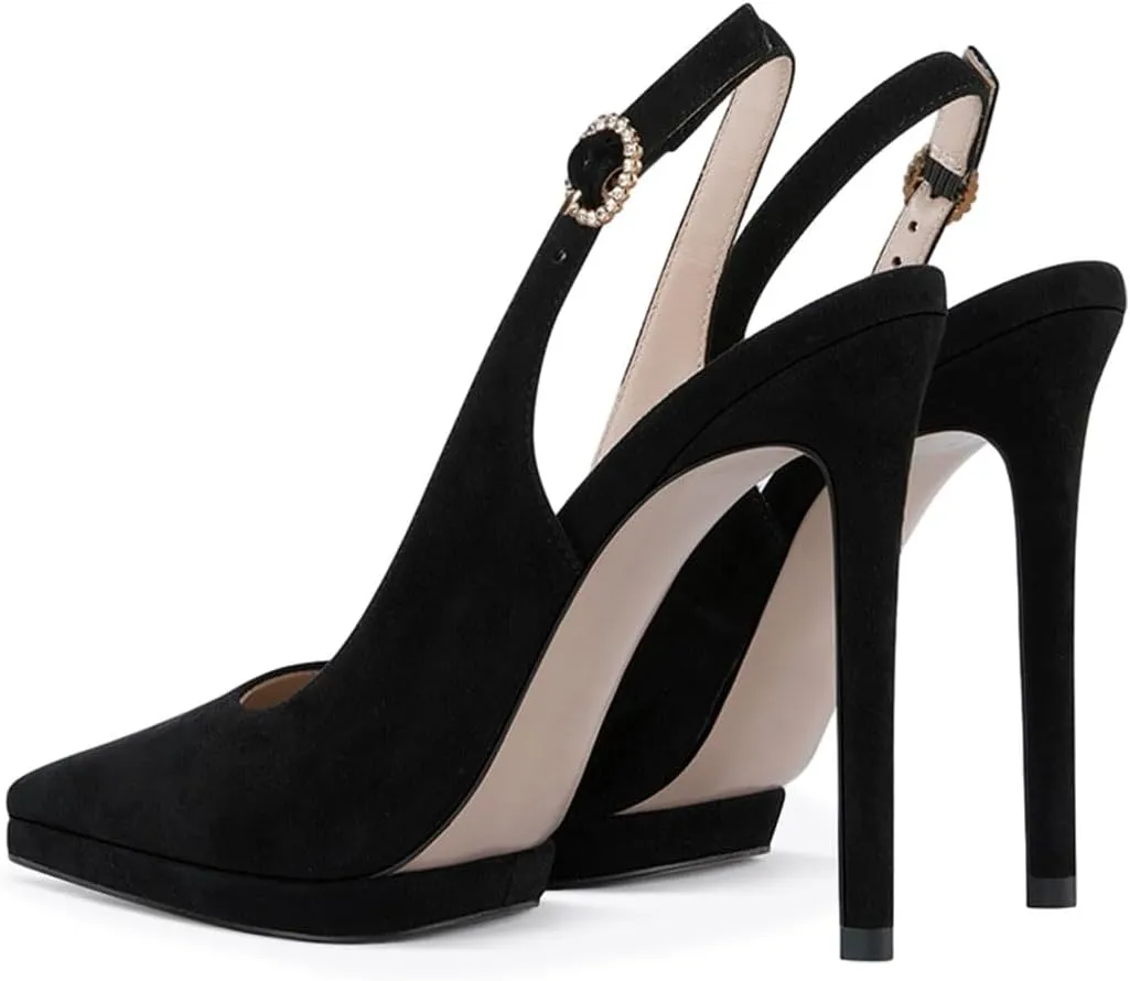 Zszszsu Women's Sexy Pointed Toe Slingback High Heels Elegant Stiletto Platform Pumps Rhinestone Buckled Strap Dress Formal Party Office Shoes Size 4-16 US